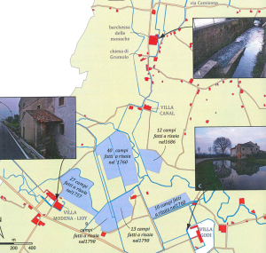Mappa delle coltivazioni del 1600 di riso Vialone Nano di Grumolo delle Abbadesse, tratto dal libro "Grumolo, studio sull'evoluzione del territorio di Matteo Barban"